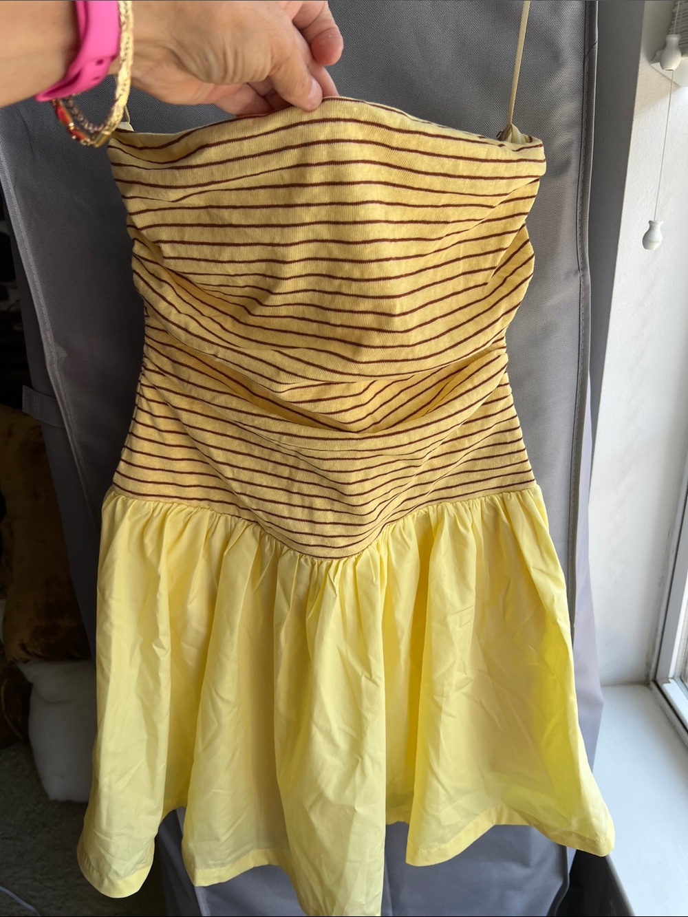 emory park Yellow Strapless Fit-and-Flare Dress with Brown Stripes